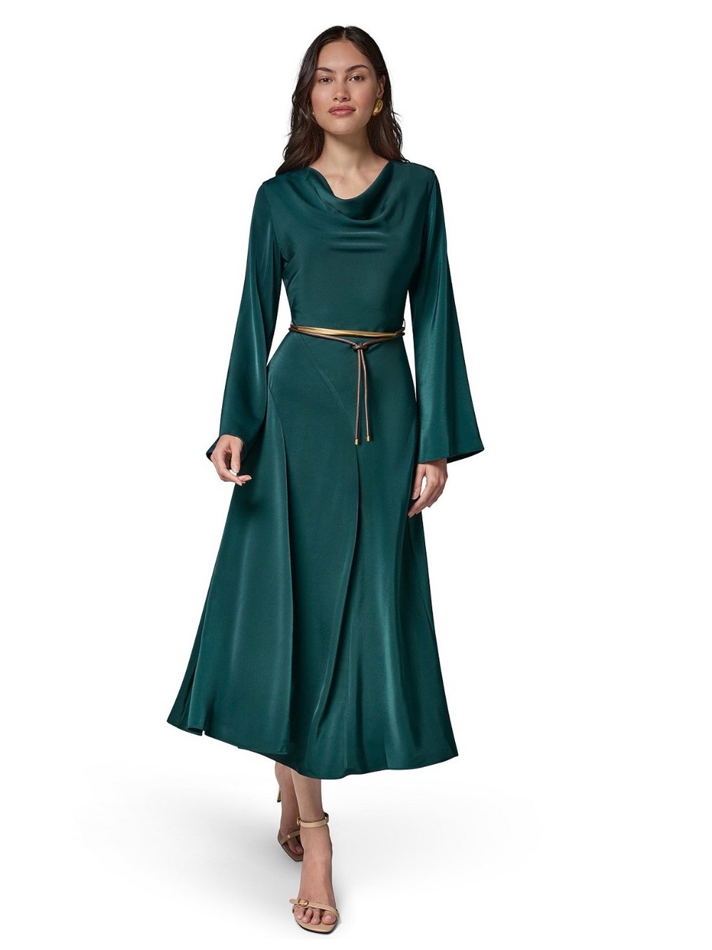 Donna Karan Satin Long-Sleeve Cowl Neck Belted A-Line Dress. Size 10. Hudson.